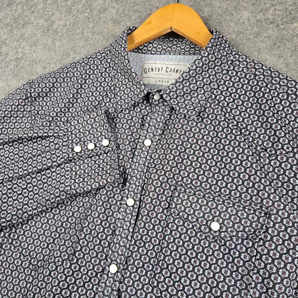 Gentry County Western Shirt Mens Large Black Geometric Pearl Snap Long Sleeve